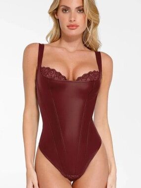 Popilush Shapewear Faux Leather Lace Balconette Sculpting Bodysuit